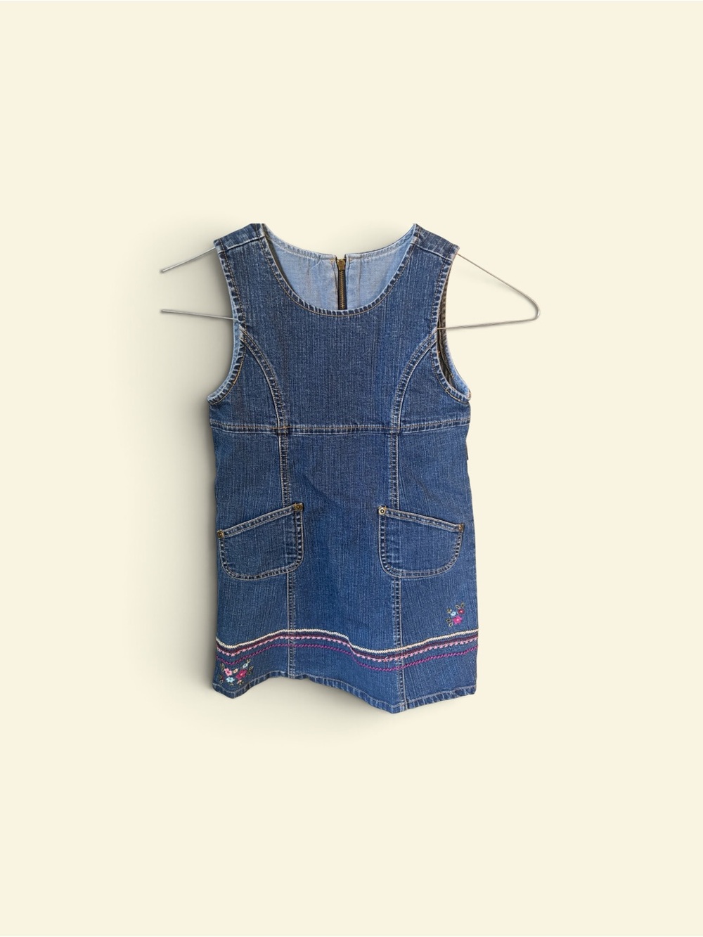 Vintage OshKosh B'gosh Denim Pinafore Dress with Hem Embroidery 6T